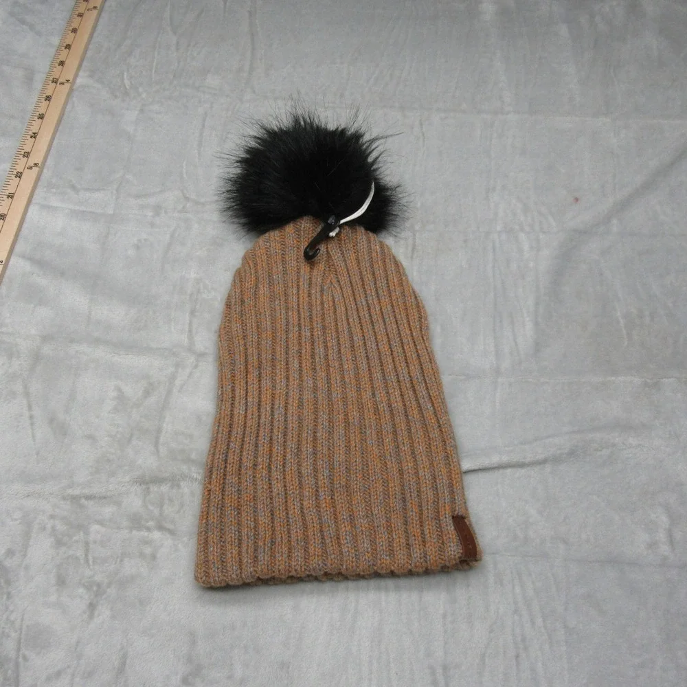 Obermeyer Beanie Womens One Size Brown Ribbed Knit Fir Faux Fur Pom Hat $40 NEW‎